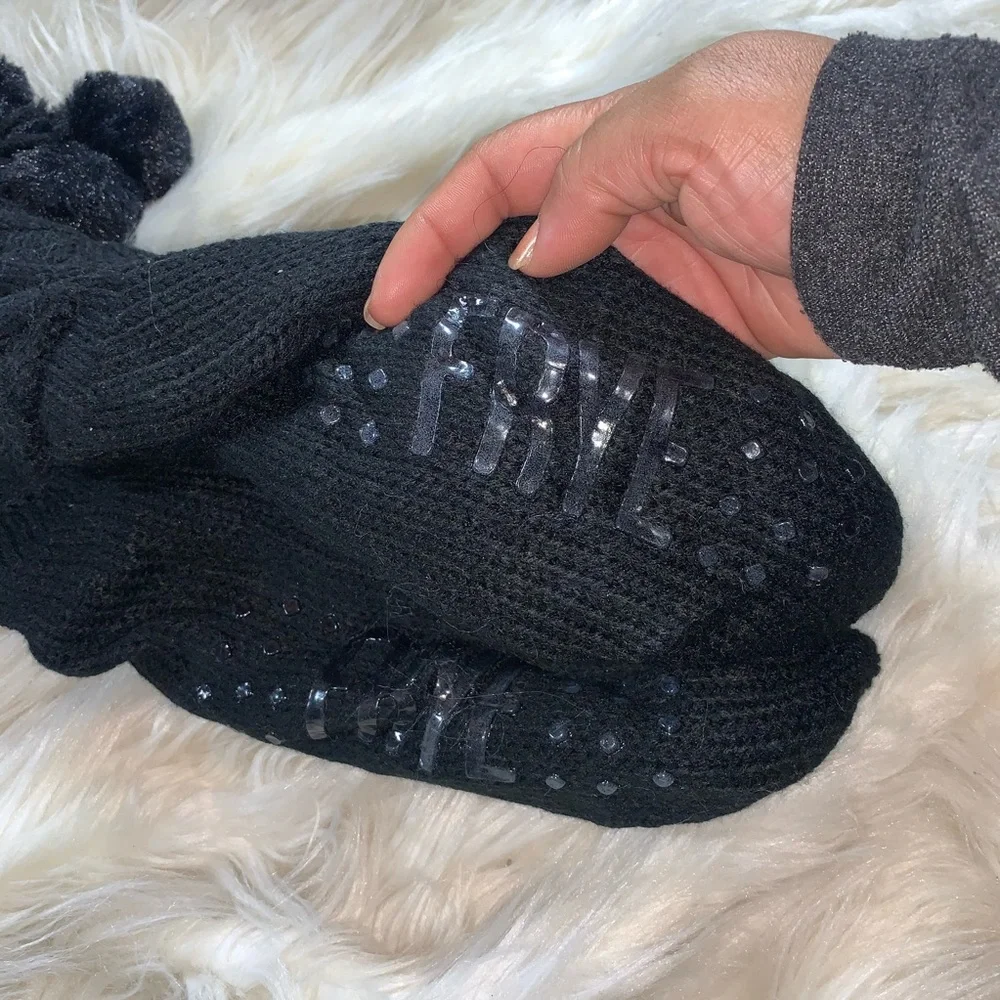 Frye Black Cable Knit Cozy Socks | Faux Fur Pom Pom Ties | NWT